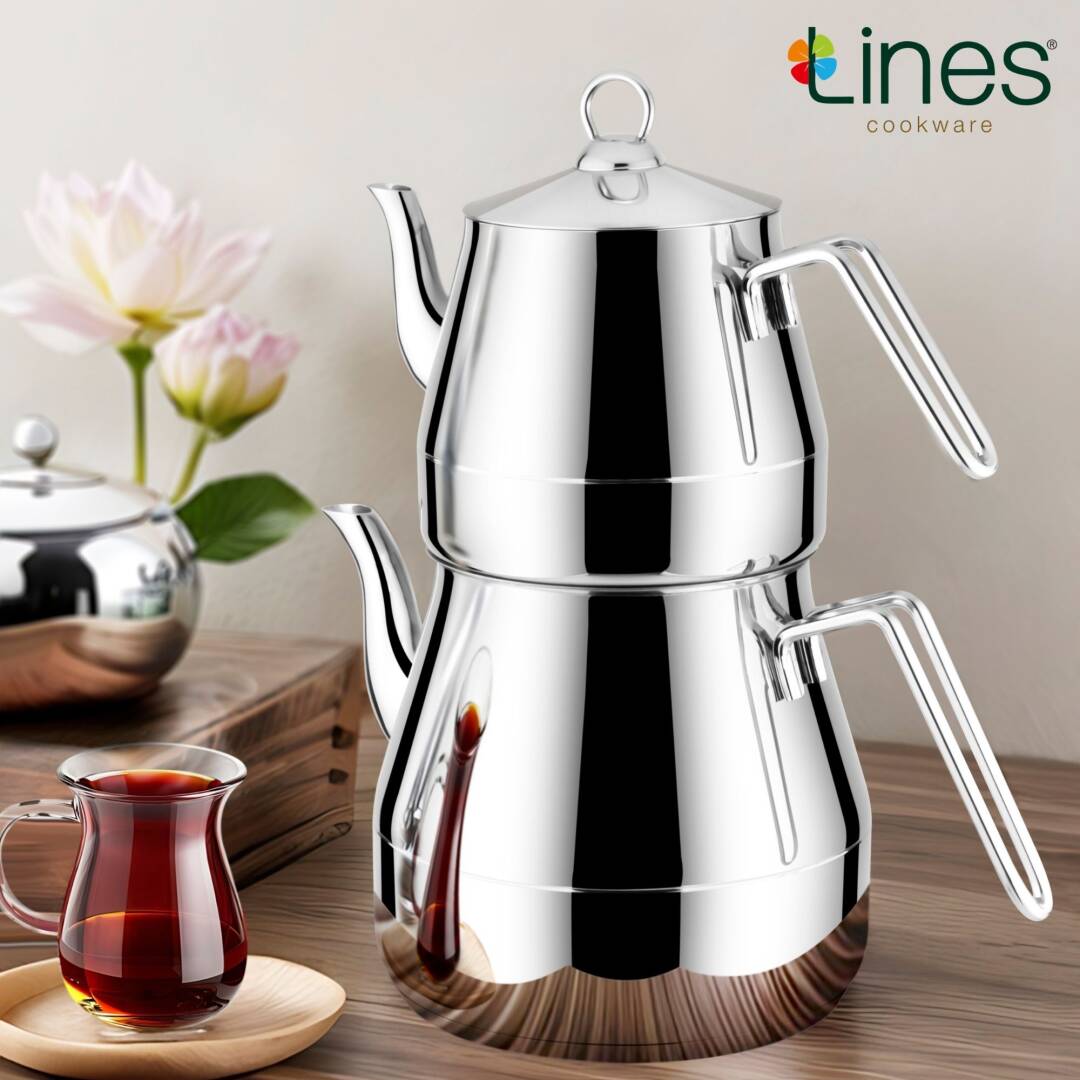 Lines Piramit Mega Boy Paslanmaz Çelik Çaydanlık – Metal Kulplu, Büyük Kapasiteli ve Dayanıklı - 1